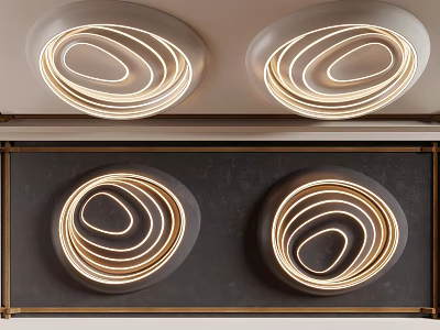 Modern Ceiling Design Featuring Two Circular Ring Lights And Metallic Trim 3d model