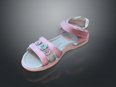 Kids Pink Sandals With Decorative Flowers Two Straps And Comfortable Soft Sole 3d model