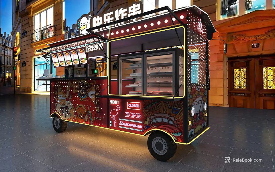 Commercial Fried Skewers Food Cart With Neon Lights And Display Window 3d model 