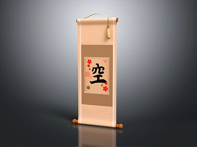 Traditional Chinese Scroll Art With Black Kong Character Red Plum Blossoms And Wooden Rollers 3d model