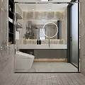 Modern Bathroom With Glass Shower Round Mirror Wall Hung Toilet And Green Plant