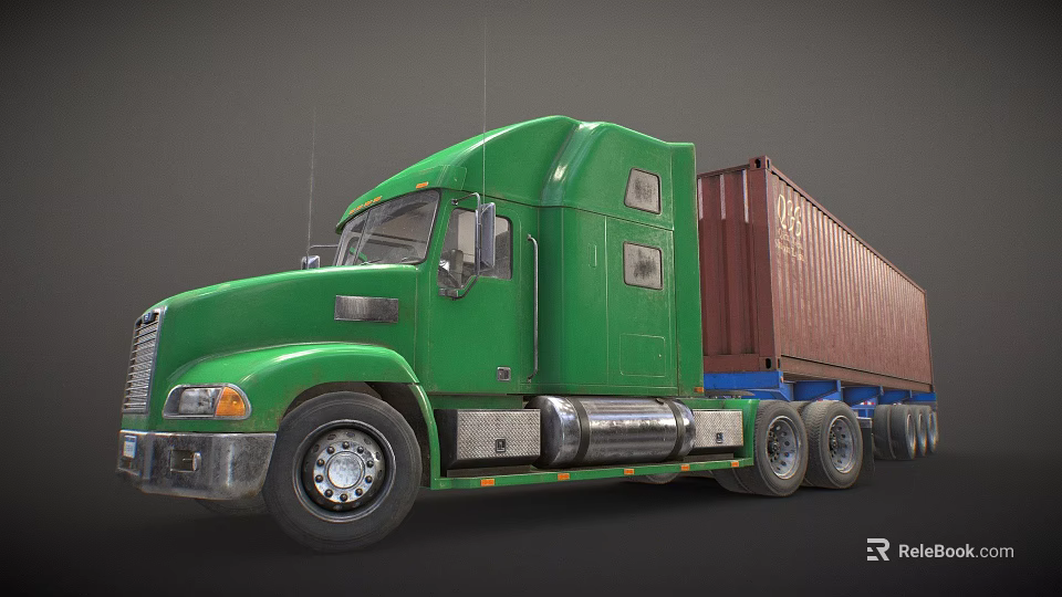 Green Semi Truck Cab Featuring Red Container Trailer On Dark Backdrop 3d model 