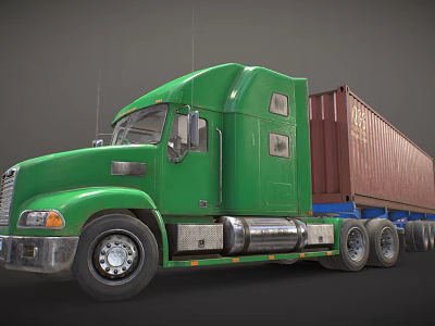 Green Semi Truck Cab Featuring Red Container Trailer On Dark Backdrop 3d model