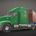 Green Semi Truck Cab Featuring Red Container Trailer On Dark Backdrop 3d model
