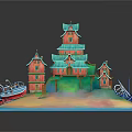 Cartoon Scene With Red Multi tiered Pagoda Buildings Turquoise Roofs Boats And Sandy Beach