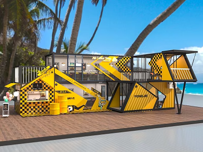 Yellow And Black Two Story Container Building With Beachfront Palm Trees For Street Food Business 3d model