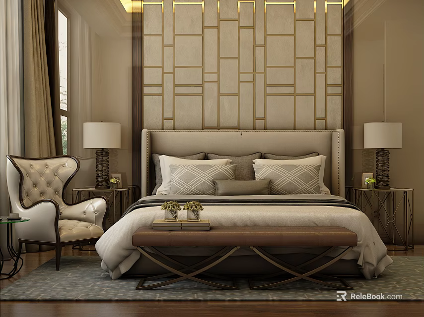 Elegant Modern Bedroom With Double Bed Geometric Patterned Backdrop Bedside Lamps And Bench 3d model