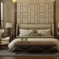 Elegant Modern Bedroom With Double Bed Geometric Patterned Backdrop Bedside Lamps And Bench 3d model