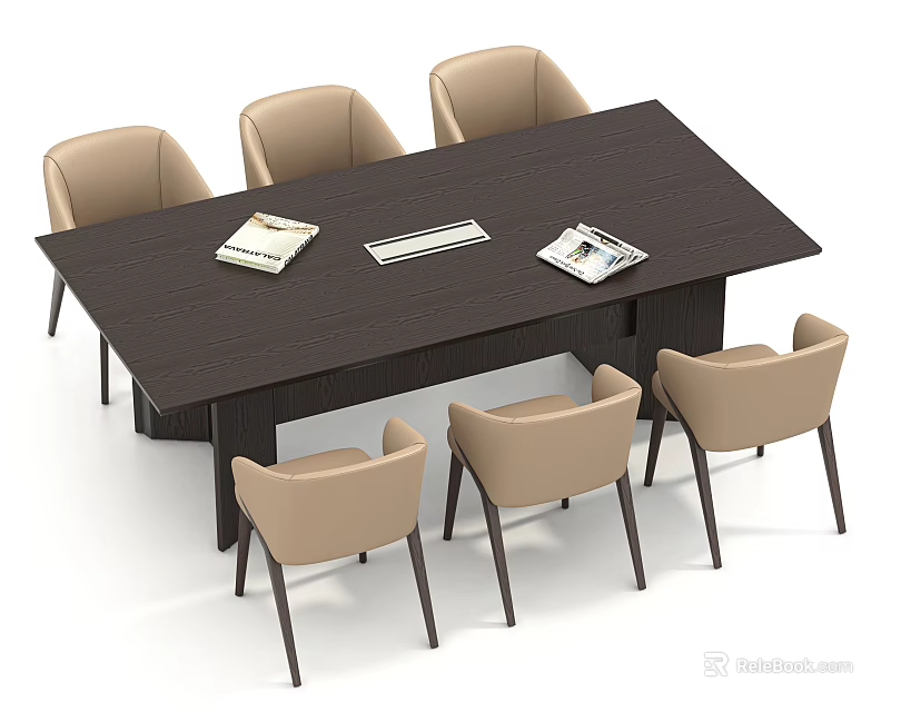 Dark Brown Conference Table With Six Beige Chairs And Magazines Documents In Office 3d model 
