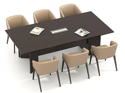 Dark Brown Conference Table With Six Beige Chairs And Magazines Documents In Office 3d model
