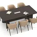Dark Brown Conference Table With Six Beige Chairs And Magazines Documents In Office