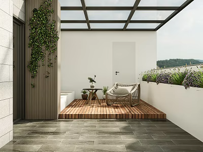 Cozy Home Balcony With Glass Roof Wooden Deck White Walls Green Plants And Armchair 3d model