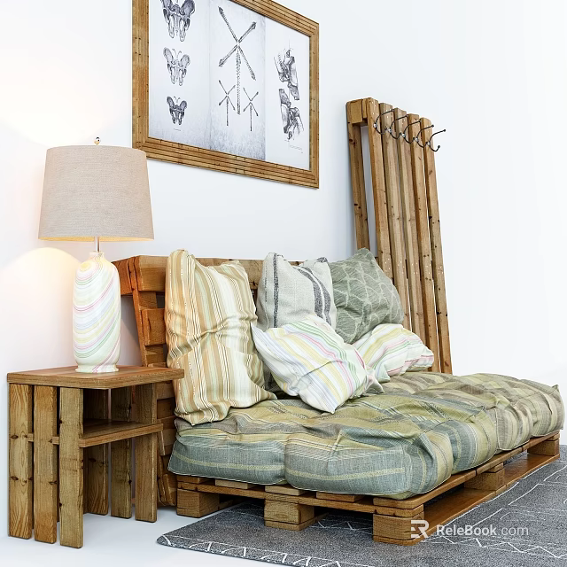 Two-seater Sofa With Striped Checkered Cushions Wooden Side Table Lamp And Wall Art 3d model 