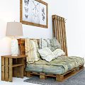 Two-seater Sofa With Striped Checkered Cushions Wooden Side Table Lamp And Wall Art