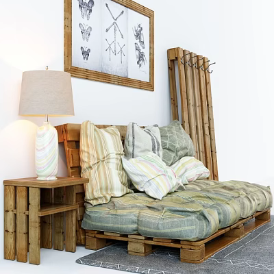 Two-seater Sofa With Striped Checkered Cushions Wooden Side Table Lamp And Wall Art 3d model