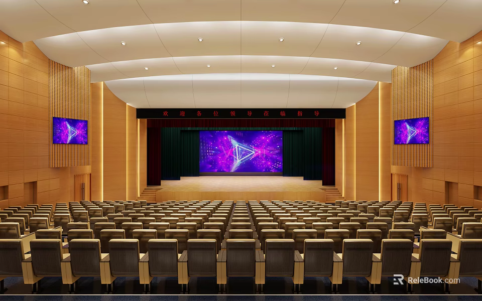 Spacious Conference Room With Large Digital Screen Wooden Walls And Arranged Seats 3d model 