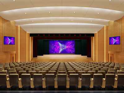 Spacious Conference Room With Large Digital Screen Wooden Walls And Arranged Seats 3d model