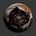 Decorated Chocolate Egg With Red And White Marble Pattern And Gold Sprinkles On Wooden Stand