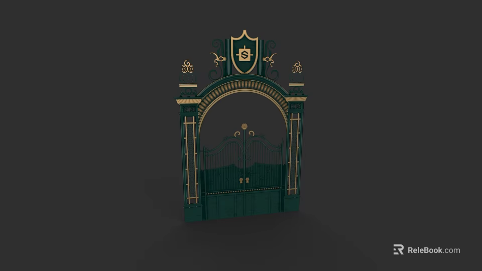 Green Gate With Golden Accents Arched Design And Ironwork Details Featuring Top Crest 3d model 