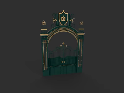 Green Gate With Golden Accents Arched Design And Ironwork Details Featuring Top Crest 3d model