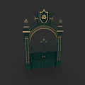 Green Gate With Golden Accents Arched Design And Ironwork Details Featuring Top Crest