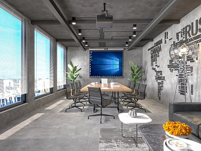 Modern Conference Room With Large Windows Blinds Projection Screen Long Table Chairs And Green Plants 3d model