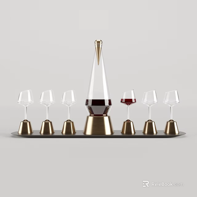 Elegant Decorative Ornament Set With Glass Decanter Wine Glasses And Gold Tray 3d model 