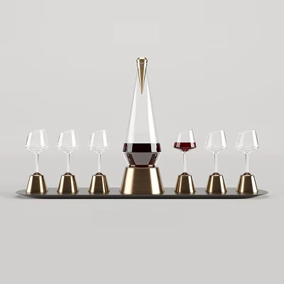 Elegant Decorative Ornament Set With Glass Decanter Wine Glasses And Gold Tray 3d model