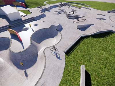 Outdoor Skate Park With Concrete Ramps Biking Area And Green Grass Surroundings 3d model