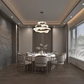 Elegant Private Dining Room With Round Dining Table Chandelier And Decorative Wall 3d model