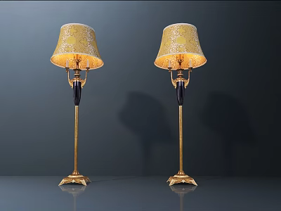 Two Elegant Floor Lamps With Yellow Floral Shades And Golden Black Poles 3d model