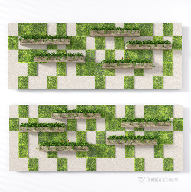 Green Plant Wall Design With White And Green Checkerboard Pattern And Shelves 3d model 