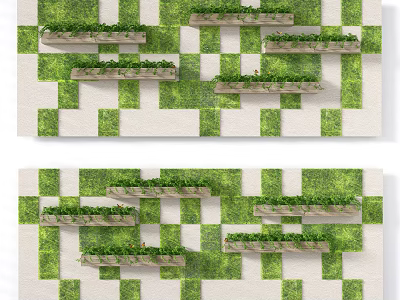 Green Plant Wall Design With White And Green Checkerboard Pattern And Shelves 3d model