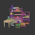 Vintage Storage Shelves With Books Statue Vases Wooden Table And Boxes