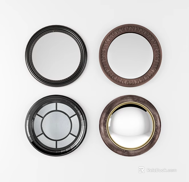 Four Round Decorative Mirrors With Various Frame Designs And Styles 3d model