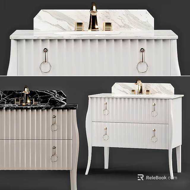 Elegant White Sink Vanity with Marble Countertop Drawers Ring Handles and Golden Faucets 3d model 