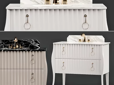 Elegant White Sink Vanity with Marble Countertop Drawers Ring Handles and Golden Faucets 3d model