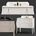Elegant White Sink Vanity with Marble Countertop Drawers Ring Handles and Golden Faucets