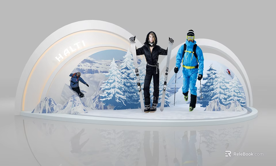 HHHT Ski Scene Display With Two People Holding Skis And Snowy Mountain Backdrop 3d model 