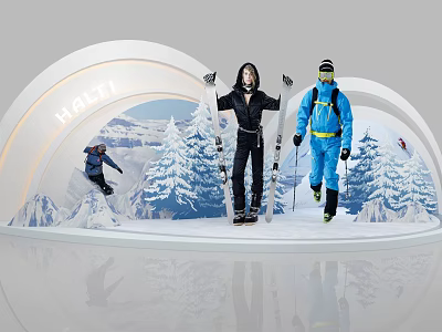 HHHT Ski Scene Display With Two People Holding Skis And Snowy Mountain Backdrop 3d model
