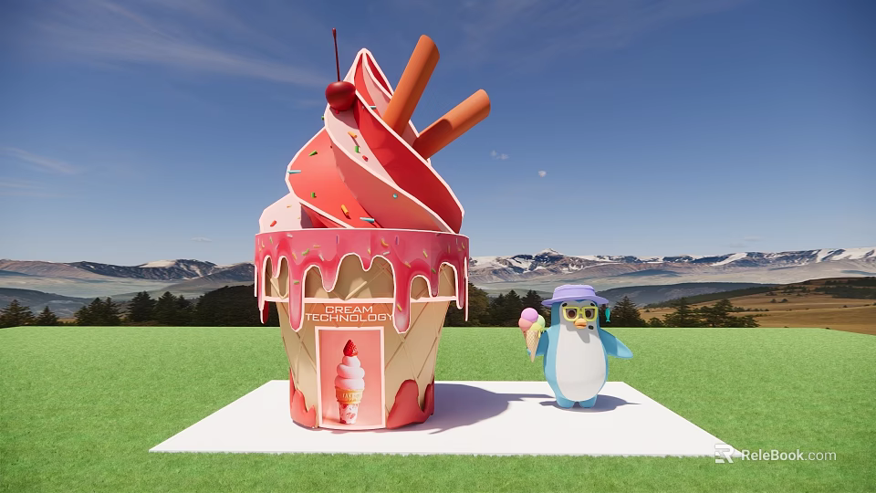 Pink Ice Cream Cone Landscape Sculpture With Cherry Orange Sticks Penguin Figure Green Grass Mountain View 3d model 