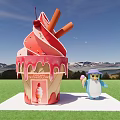 Pink Ice Cream Cone Landscape Sculpture With Cherry Orange Sticks Penguin Figure Green Grass Mountain View