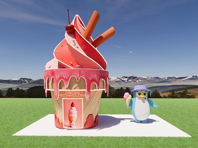 Pink Ice Cream Cone Landscape Sculpture With Cherry Orange Sticks Penguin Figure Green Grass Mountain View 3d model