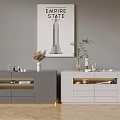 Stylish Interior With Gray White Cabinets Empire State Poster And Decorative Items