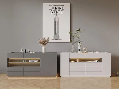 Stylish Interior With Gray White Cabinets Empire State Poster And Decorative Items 3d model