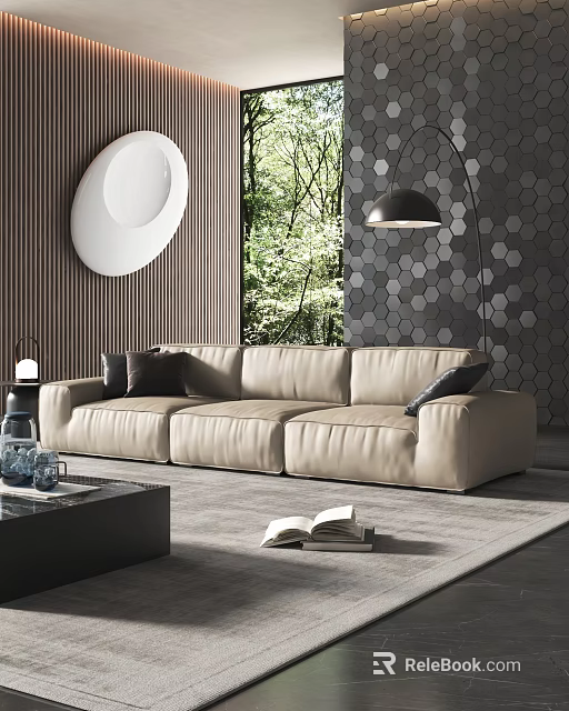 Beige Leather Three-Seater Sofa with Black Pillows Wooden Wall and Greenery in Modern Living Room 3d model 