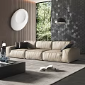 Beige Leather Three-Seater Sofa with Black Pillows Wooden Wall and Greenery in Modern Living Room