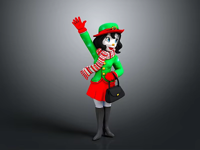 Cartoon Character Waving With Green Hat Red White Scarf Red Skirt And Black Handbag 3d model