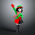 Cartoon Character Waving With Green Hat Red White Scarf Red Skirt And Black Handbag