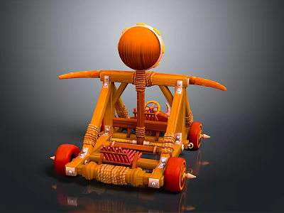 3D Model Military Vehicle Featuring Orange Yellow Wooden Frame Red Wheels And Top Circular Structure 3d model